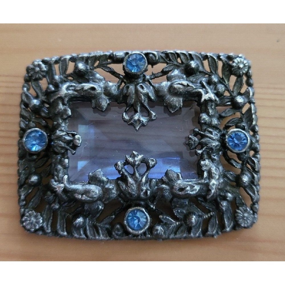 Antique Art Deco Czech Blue Glass Silver Tone Flowers Brooch Pin Rectangle